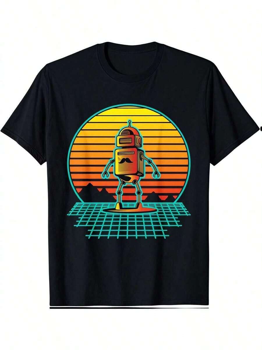 Vintage Fashion Enthusiasts - Retro Robot Shirt Black Vintage Sunset