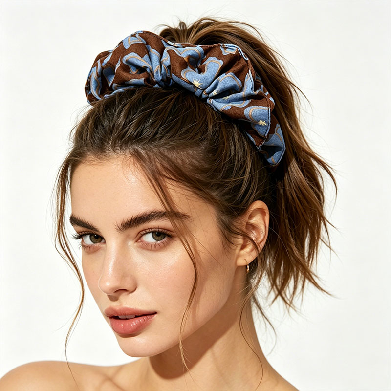 Vintage Fashion Rings - New Vintage Print Blue Brown Scrunchie