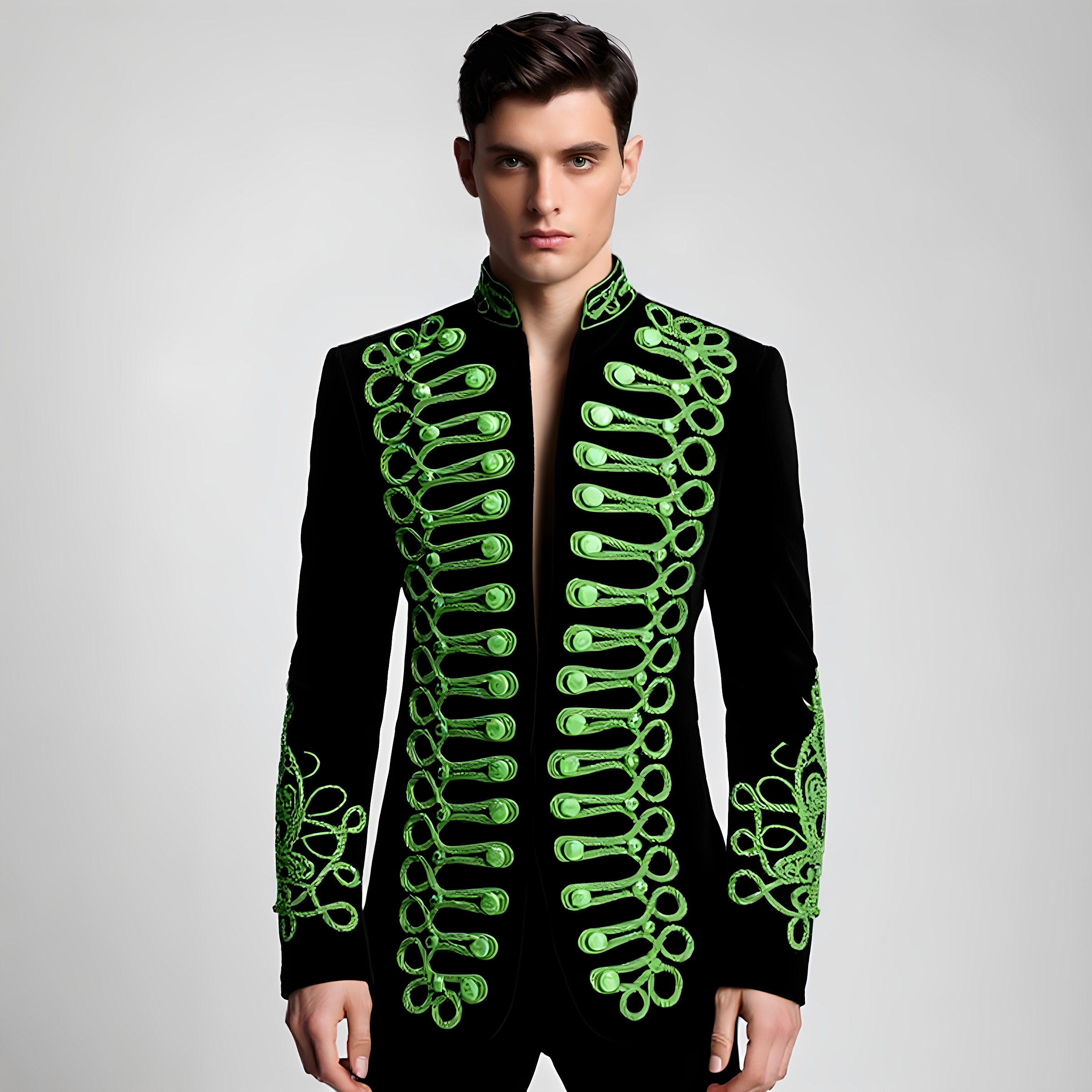Velvet Blazer Vintage - Men's Standing Collar Gold Black Embroidery